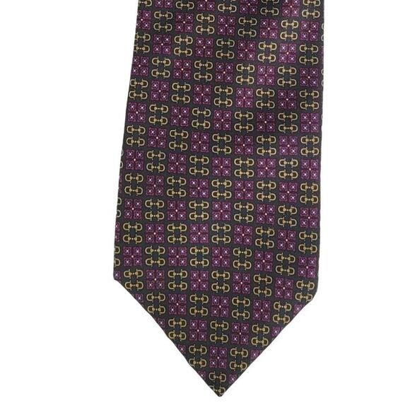 Brass and Leather by Bloomingdales 100% Silk Necktie Red Gold Geometric Shapes - Picture 1 of 5